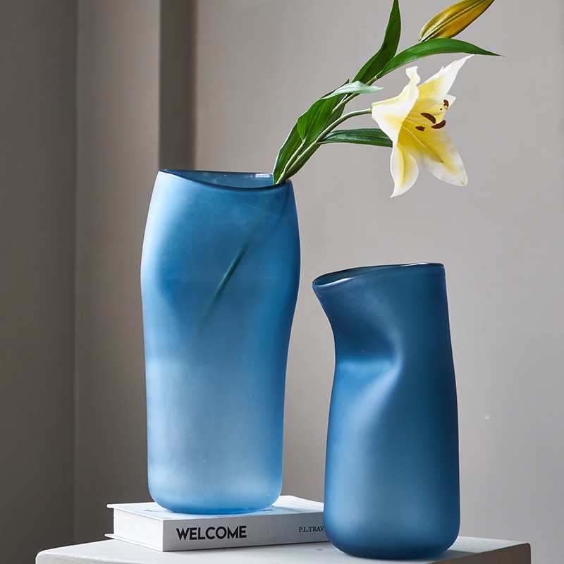 Bixuan Asymmetric Matte Blue Glass Tabletop Vases